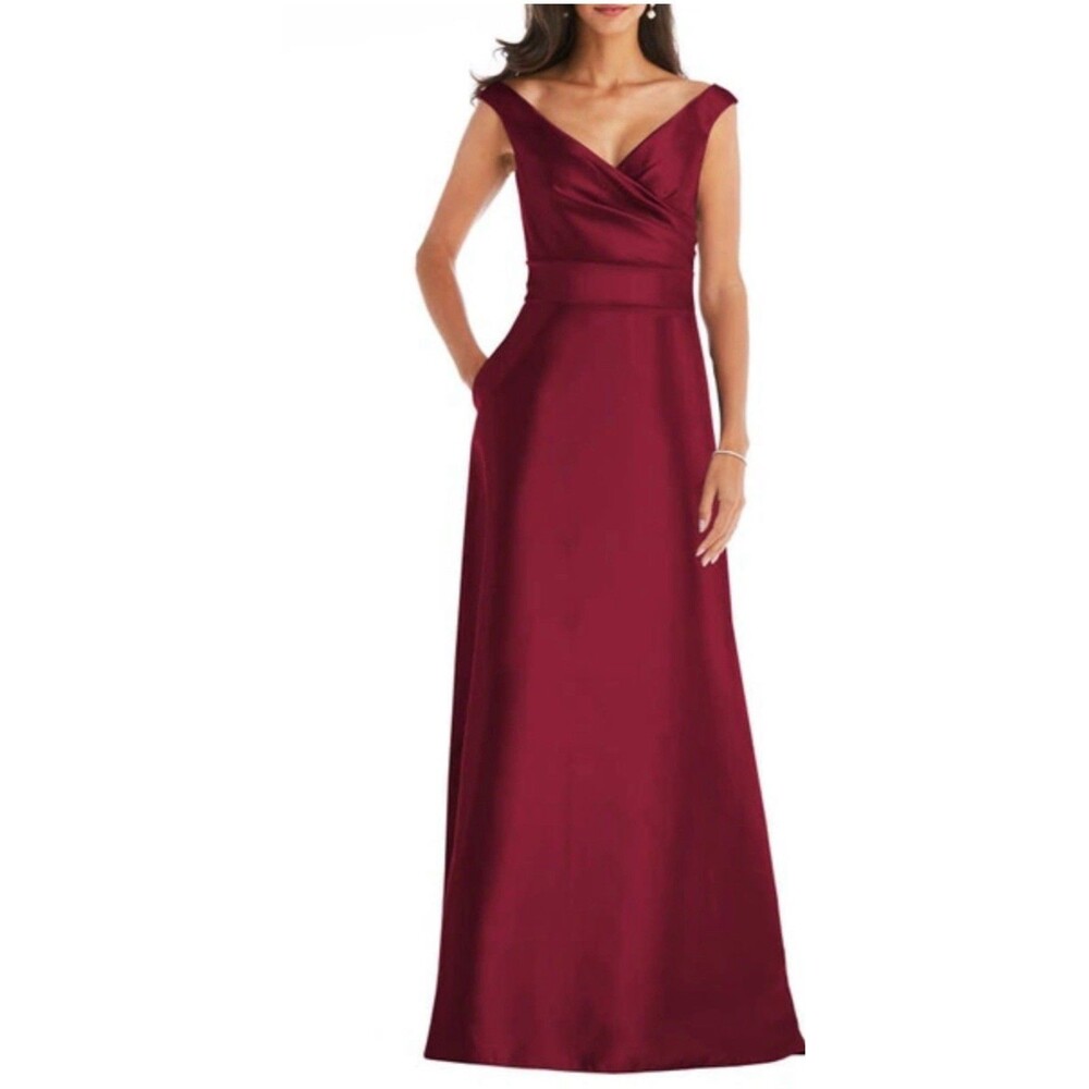 Alfred Sung Off The Shoulder Draped Wrap Satin Gown Size 10R